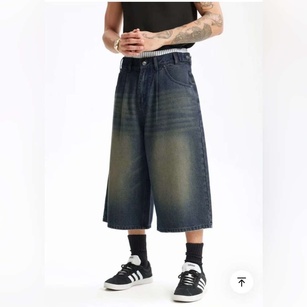 Baggy Washed Denim Culottes Faux Layer Wide Leg Y2K  Hip hop 31 Unisex‎